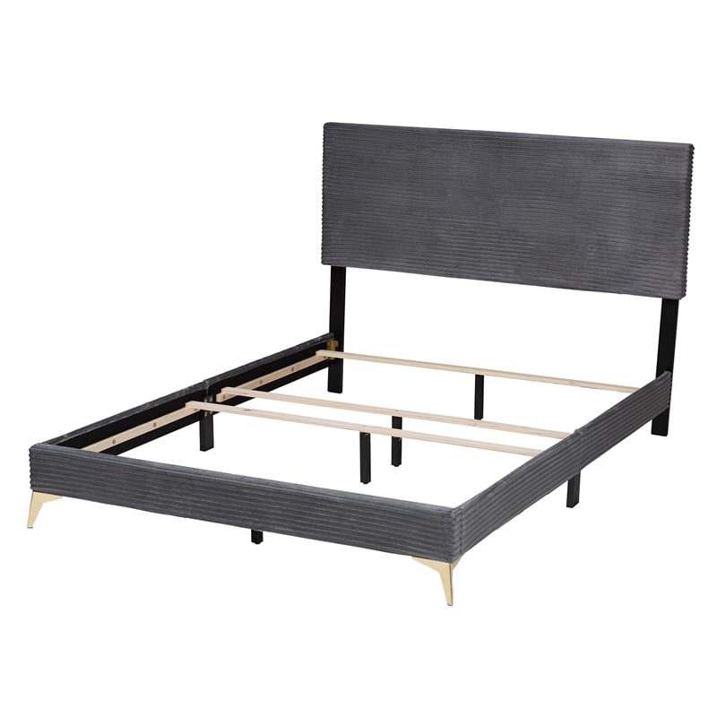Baxton Studio Abberton Grey Velvet and Gold Metal Queen Size Panel Bed
