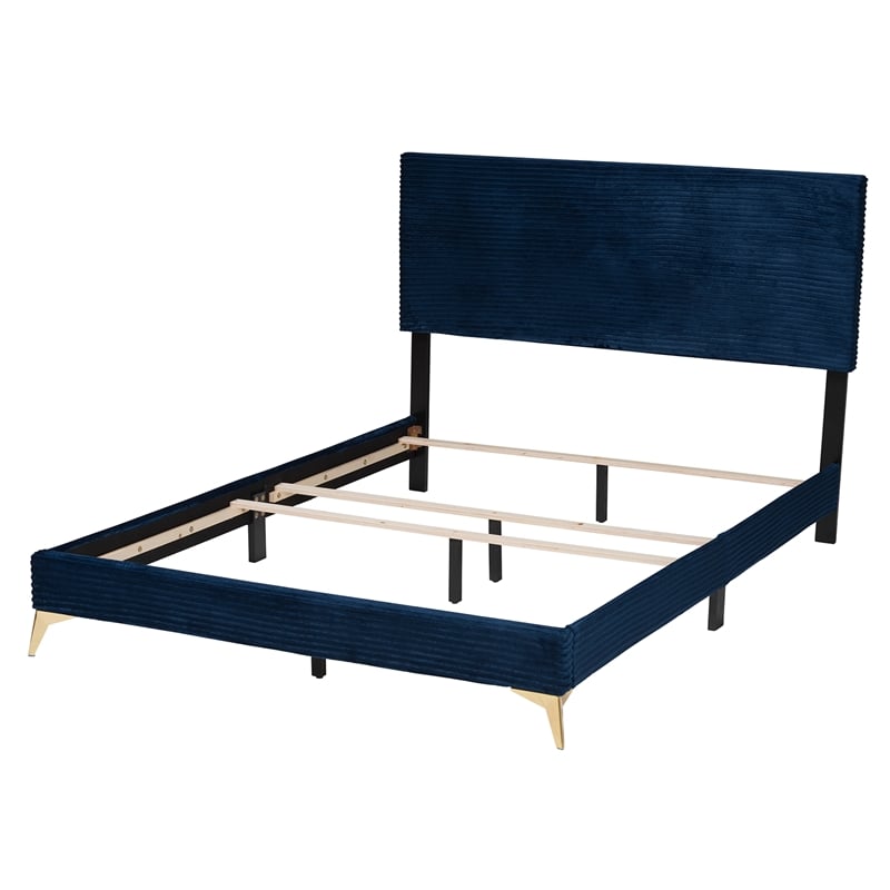 Baxton Studio Abberton Navy Blue Velvet and Gold Metal Queen Size Panel Bed