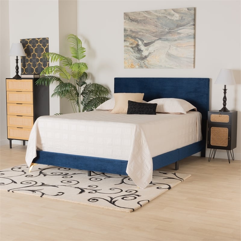 Baxton Studio Abberton Navy Blue Velvet and Gold Metal Queen Size Panel Bed