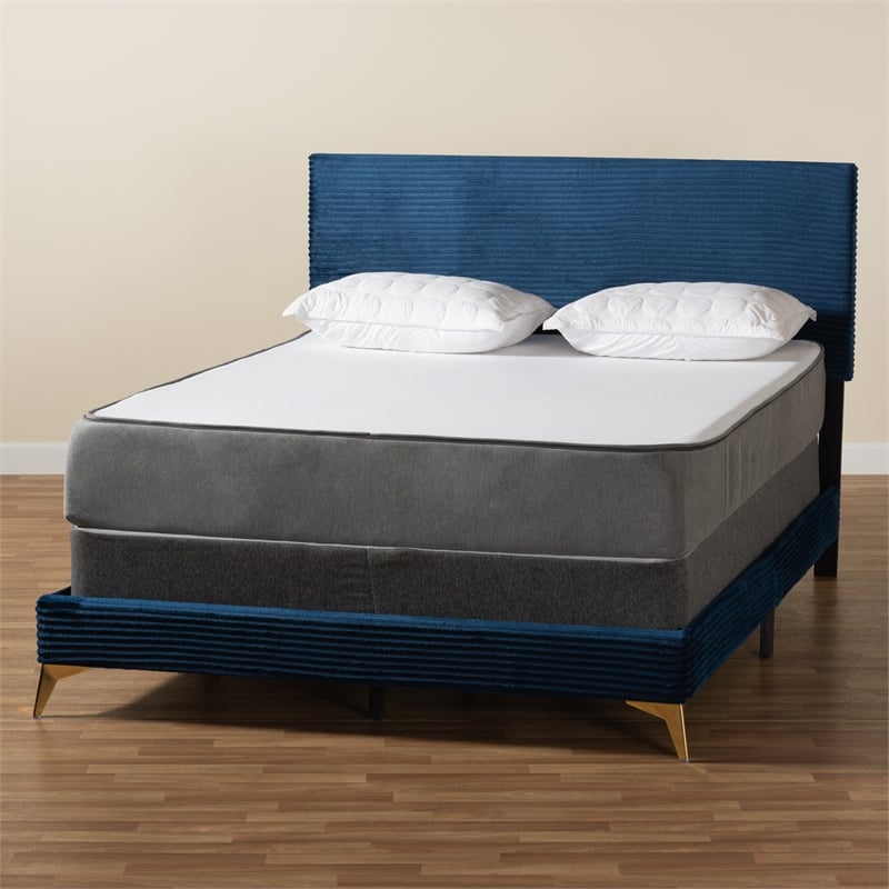 Baxton Studio Abberton Navy Blue Velvet and Gold Metal Queen Size Panel Bed