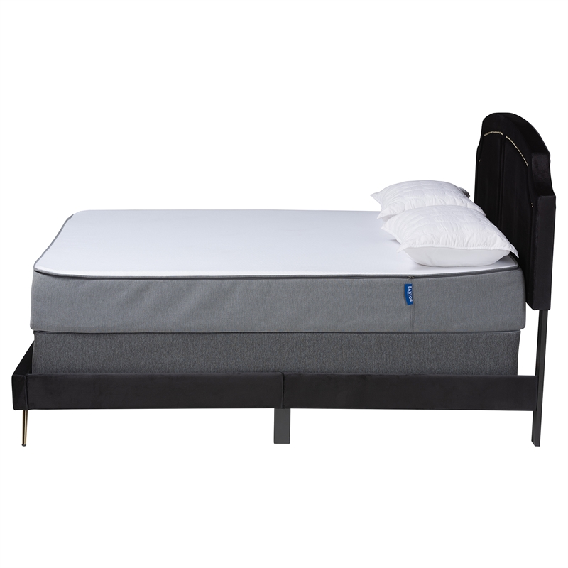 Baxton Studio Oxley Black Velvet and Gold Metal Queen Size Panel Bed