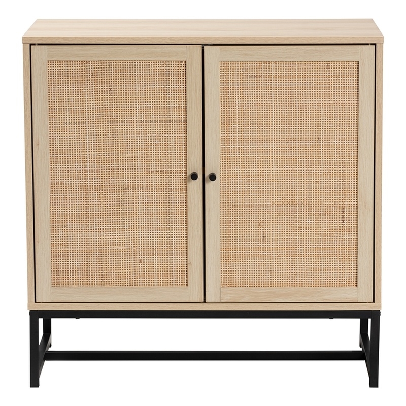 Baxton Studio Caterina Brown Wood and Natural Rattan 2-Door Storage Cabinet