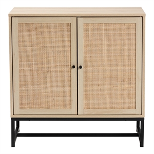 Baxton Studio Caterina Brown Wood and Natural Rattan 2-Door Storage Cabinet
