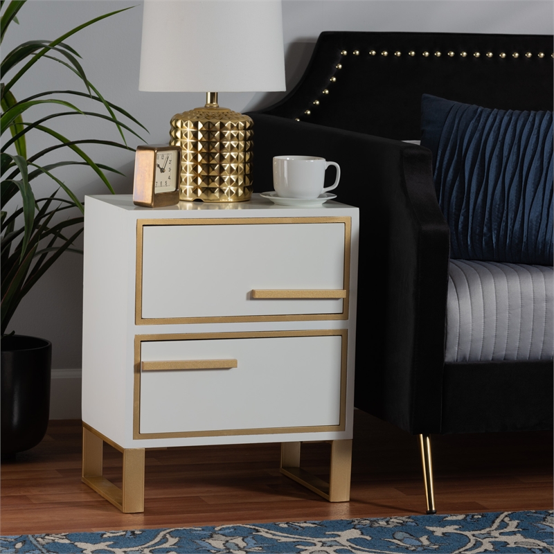 Baxton Studio Giolla White Finished Wood and Gold Metal 2-Drawer End Table