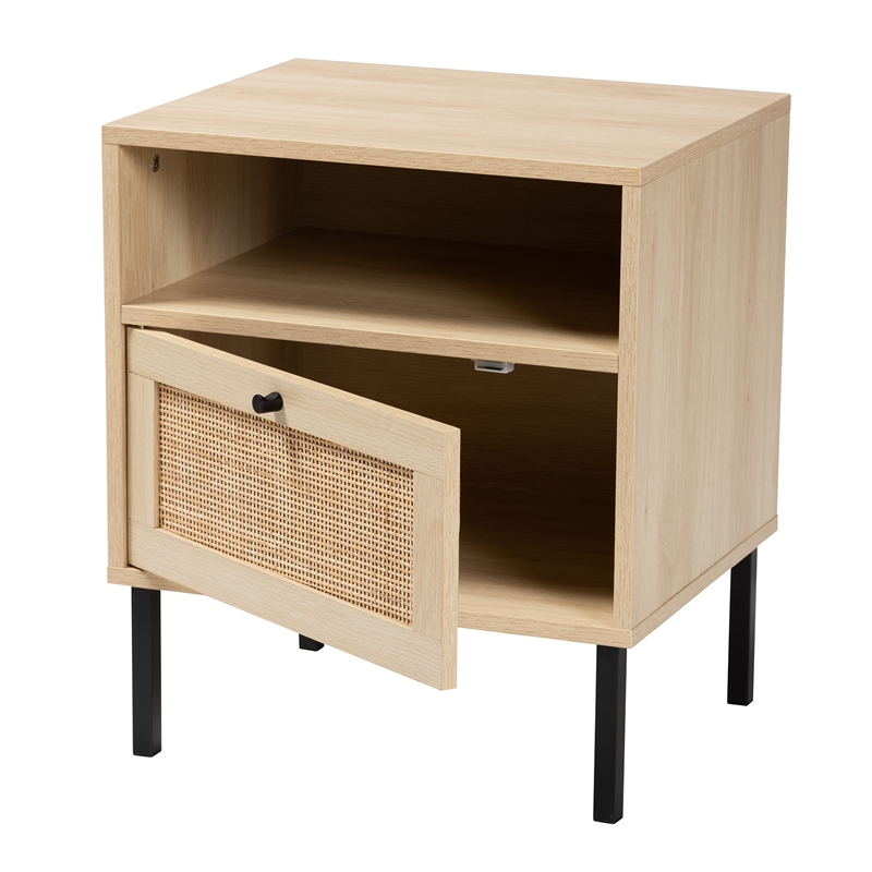 Baxton Studio Caterina Natural Brown Wood and Natural Rattan 1-Door End Table