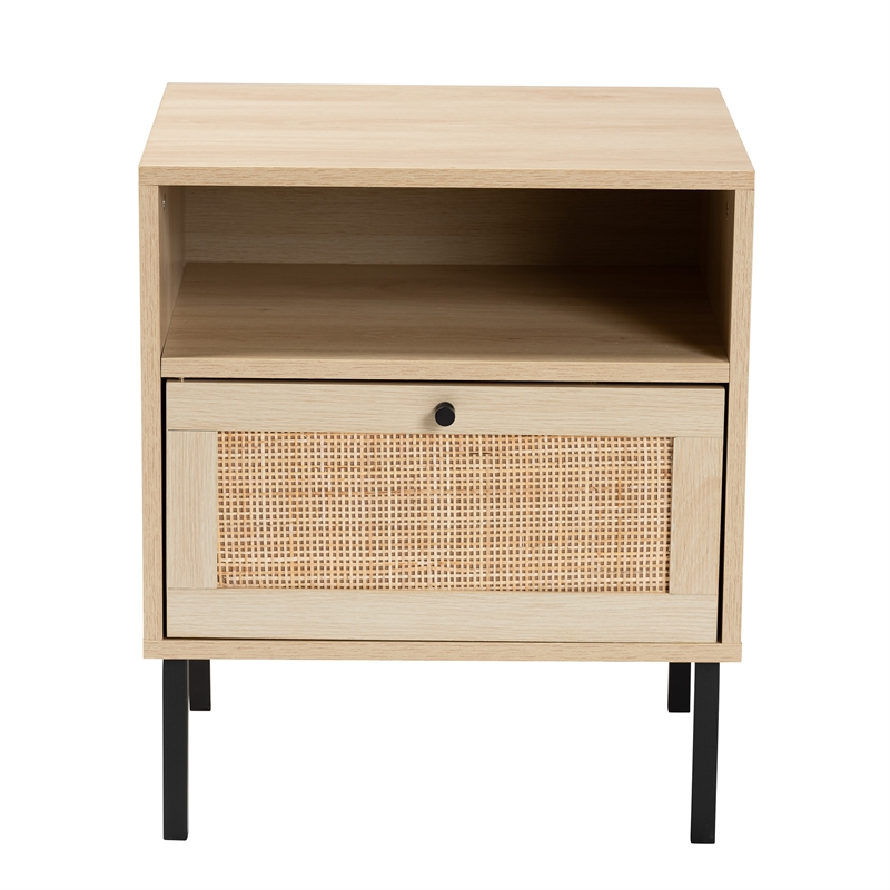 Baxton Studio Caterina Natural Brown Wood and Natural Rattan 1-Door End Table