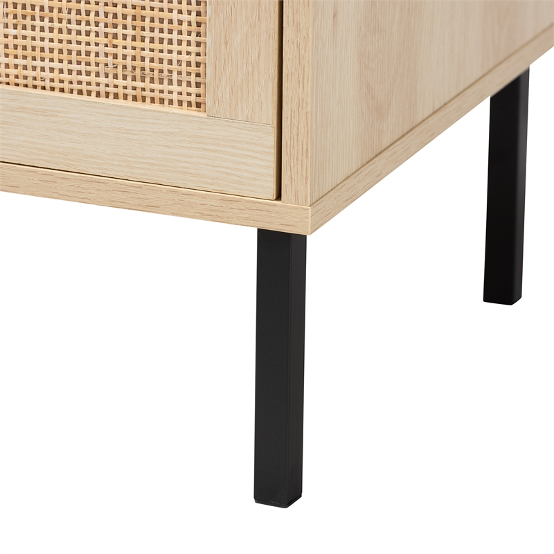 Baxton Studio Caterina Natural Brown Wood and Natural Rattan 1-Door End Table