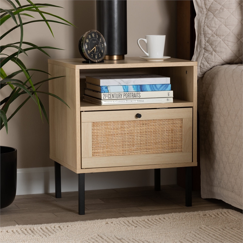 Baxton Studio Caterina Natural Brown Wood and Natural Rattan 1-Door End Table