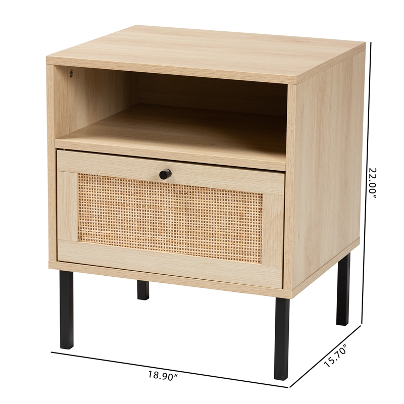 Baxton Studio Caterina Natural Brown Wood and Natural Rattan 1-Door End Table