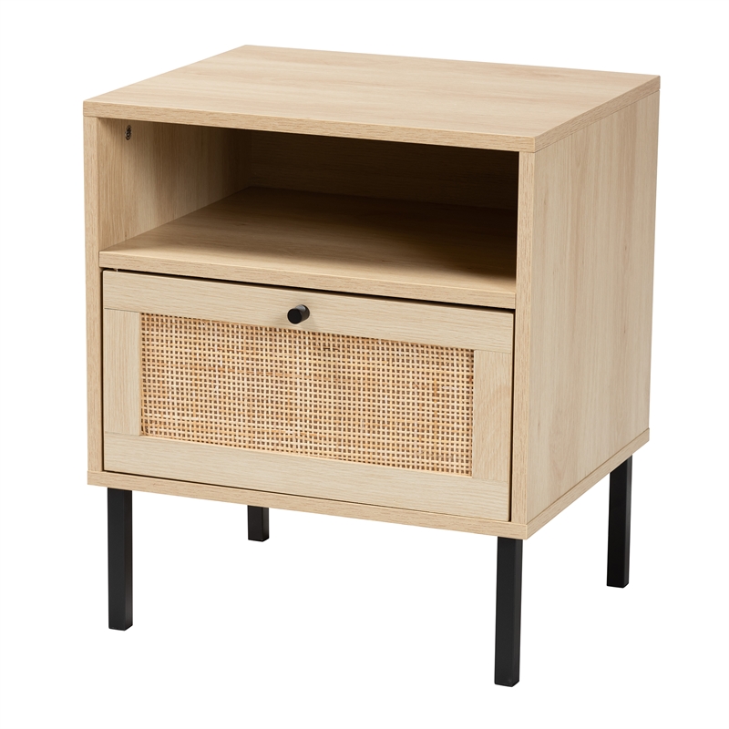 Baxton Studio Caterina Natural Brown Wood and Natural Rattan 1-Door End Table