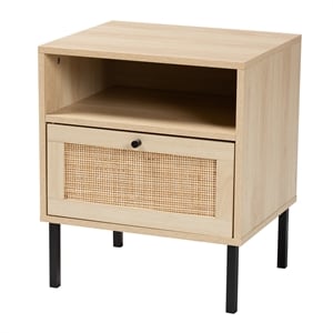 Baxton Studio Caterina Natural Brown Wood and Natural Rattan 1-Door End Table