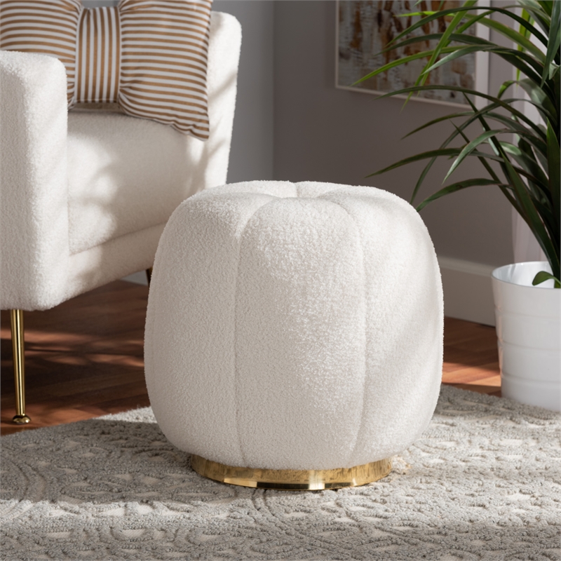 Baxton Studio Raelynn Ivory Boucle Upholstered and Gold Metal Ottoman