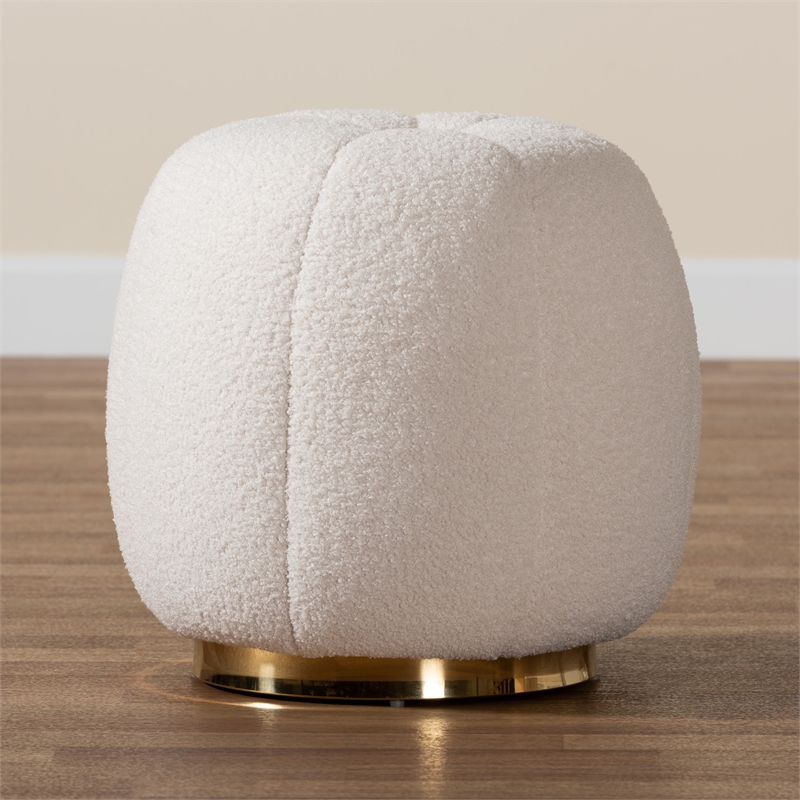 Baxton Studio Raelynn Ivory Boucle Upholstered and Gold Metal Ottoman