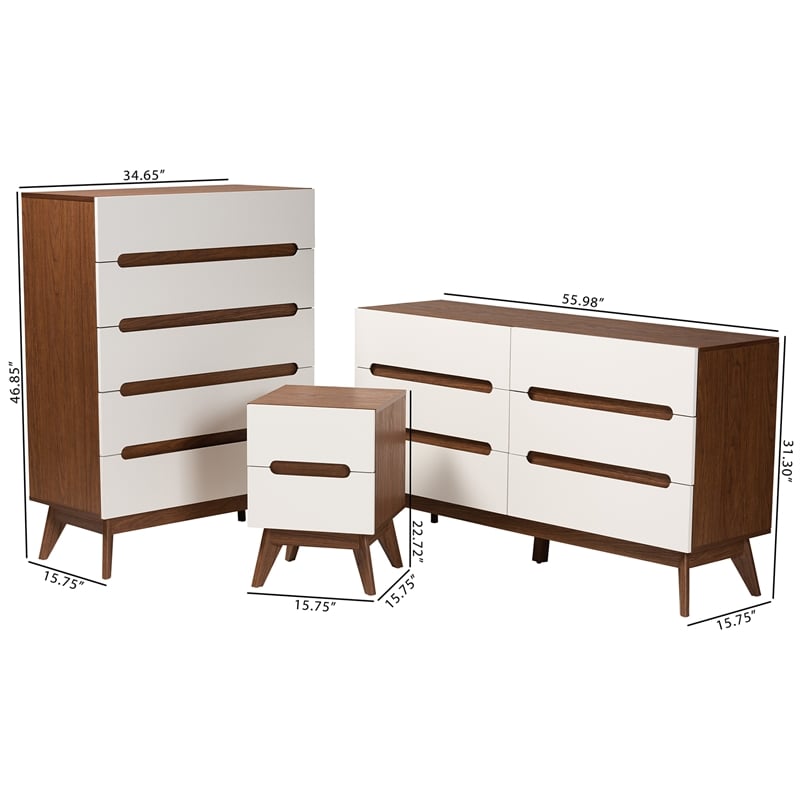 Baxton Studio Calypso Two-Tone White and Walnut Brown Wood 3-Piece Storage Set