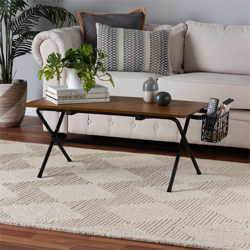 Baxton Studio Mariela Brown and Black Low Profile Coffee Table with Basket