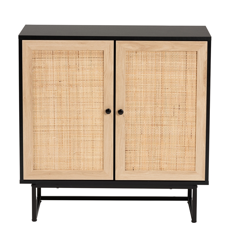 Baxton Studio Declan Brown Wood and Natural Rattan 2-Door Storage Cabinet