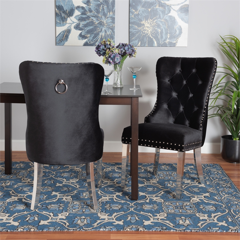 Baxton Studio Honora Black Velvet and Silver Metal 2-Piece Dining Chair Set