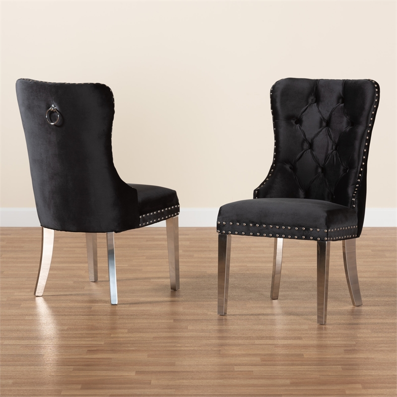 Baxton Studio Honora Black Velvet and Silver Metal 2-Piece Dining Chair Set