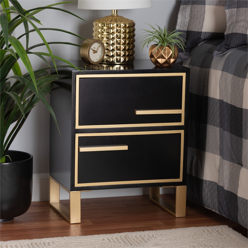 Baxton Studio Giolla Black Finished Wood and Gold Metal 2-Drawer End Table