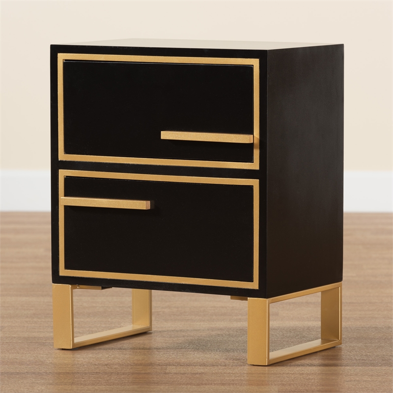 Baxton Studio Giolla Black Finished Wood and Gold Metal 2-Drawer End Table