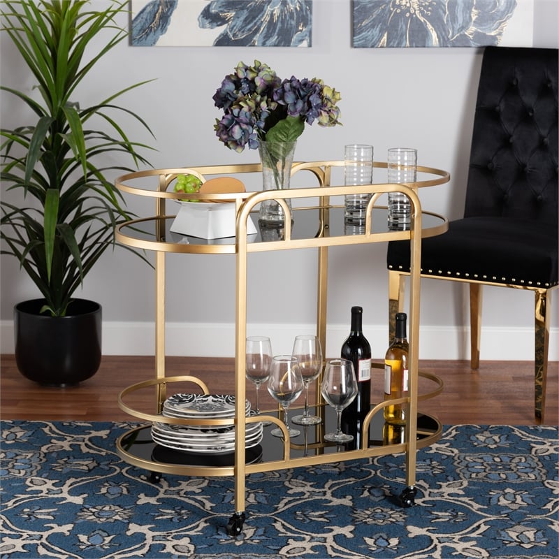 Baxton Studio Leighton Gold Metal and Tempered Glass 2-Tier Wine Cart