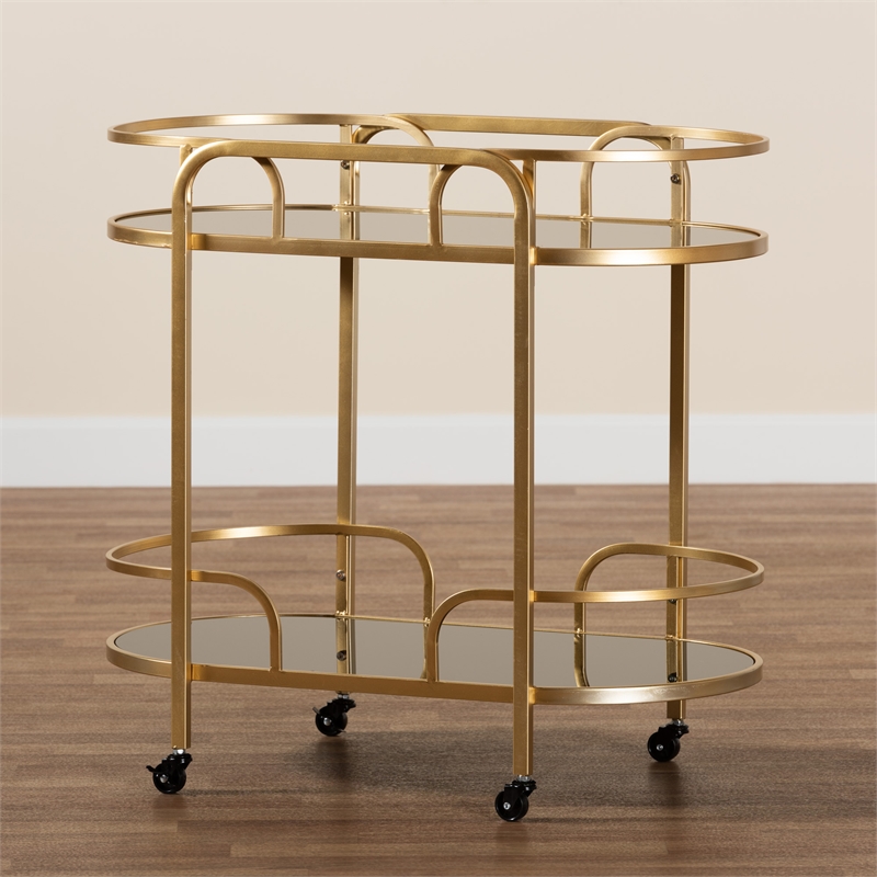 Baxton Studio Leighton Gold Metal and Tempered Glass 2-Tier Wine Cart