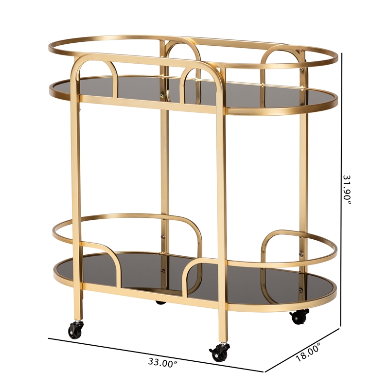 Baxton Studio Leighton Gold Metal and Tempered Glass 2-Tier Wine Cart