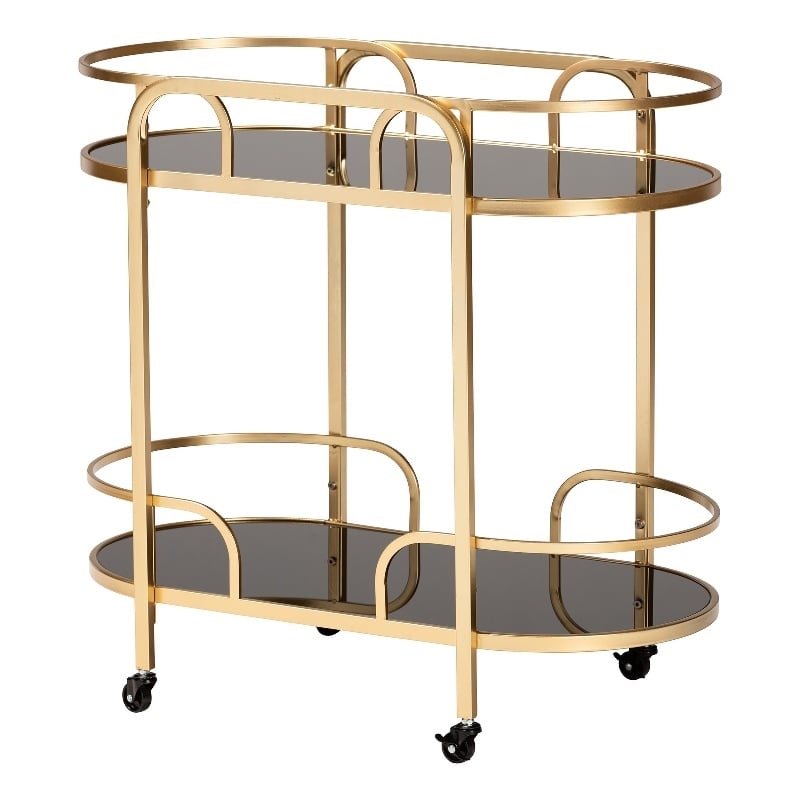 Baxton Studio Leighton Gold Metal and Tempered Glass 2-Tier Wine Cart