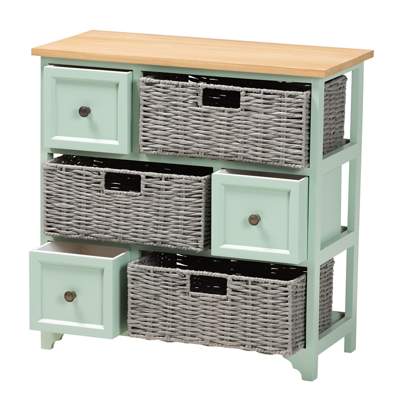Baxton Studio Valtina Two-Tone Brown and Green Wood 3-Drawer Storage Unit