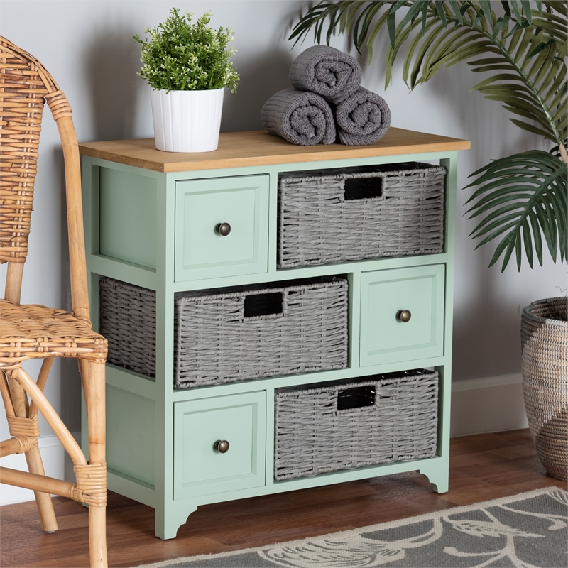 Baxton Studio Valtina Two-Tone Brown and Green Wood 3-Drawer Storage Unit