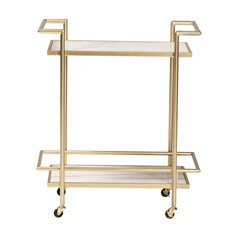 Baxton Studio Louise Gold Metal and White Marble 2-Tier Wine Cart