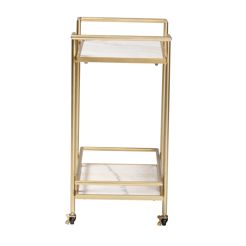 Baxton Studio Louise Gold Metal and White Marble 2-Tier Wine Cart