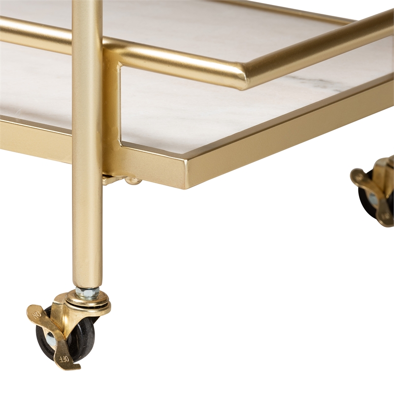 Baxton Studio Louise Gold Metal and White Marble 2-Tier Wine Cart