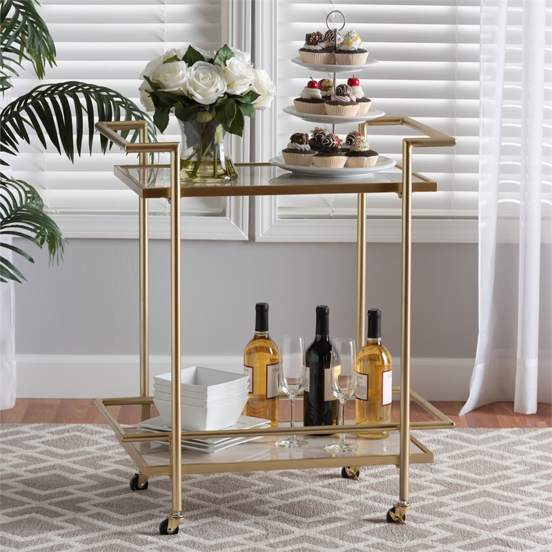 Baxton Studio Louise Gold Metal and White Marble 2-Tier Wine Cart