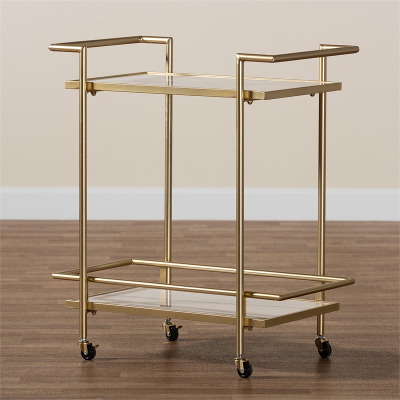 Baxton Studio Louise Gold Metal and White Marble 2-Tier Wine Cart