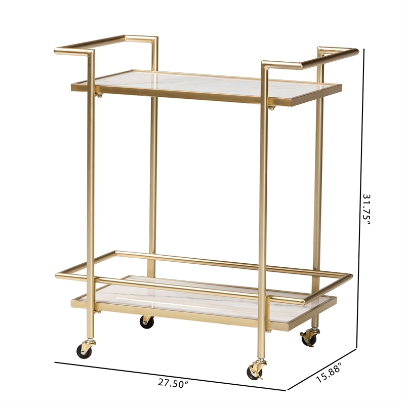Baxton Studio Louise Gold Metal and White Marble 2-Tier Wine Cart