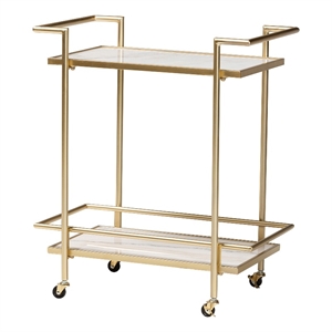 Baxton Studio Louise Gold Metal and White Marble 2-Tier Wine Cart