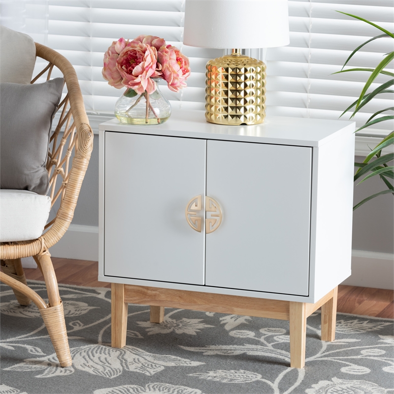 Baxton Studio Kamana White and Brown Wood and Gold Metal 2-Door Storage Cabinet