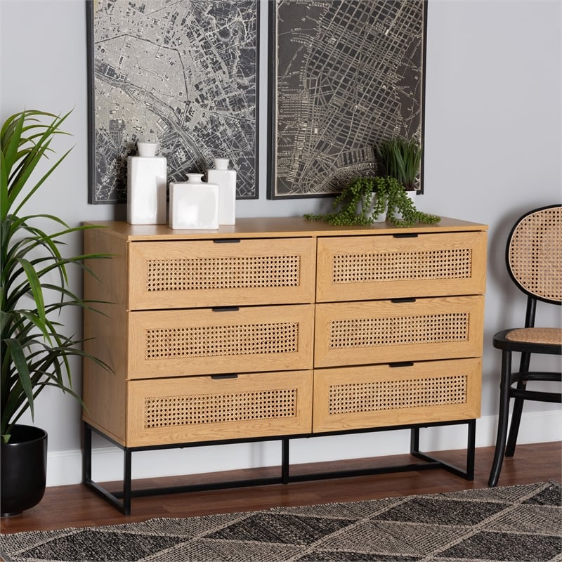 Baxton Studio Sawyer Brown Wood and Black Metal 6-Drawer Cabinet with Rattan
