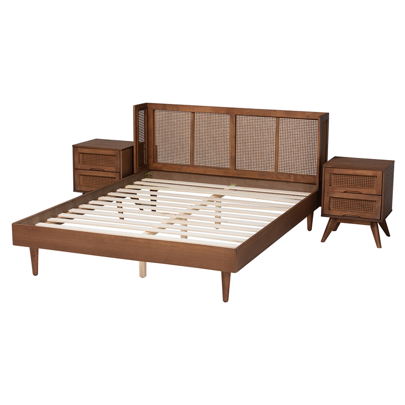 Baxton Studio Rina Ash Walnut Wood 3-Piece Queen Size Bedroom Set with Rattan
