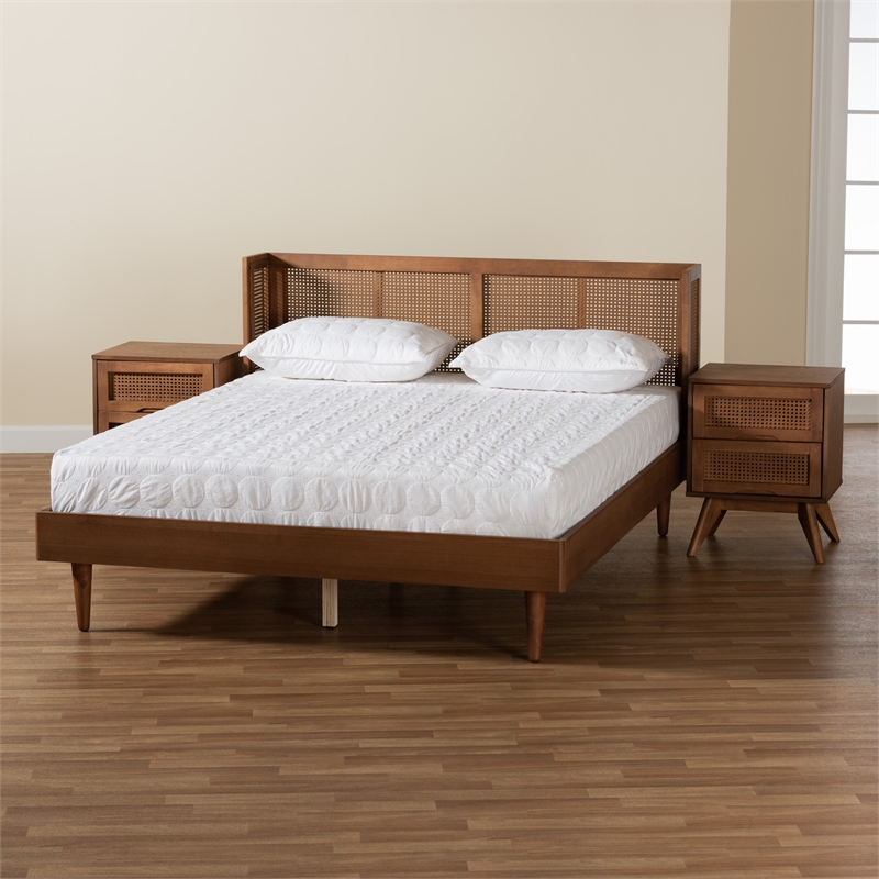Baxton Studio Rina Ash Walnut Wood 3-Piece Queen Size Bedroom Set with Rattan