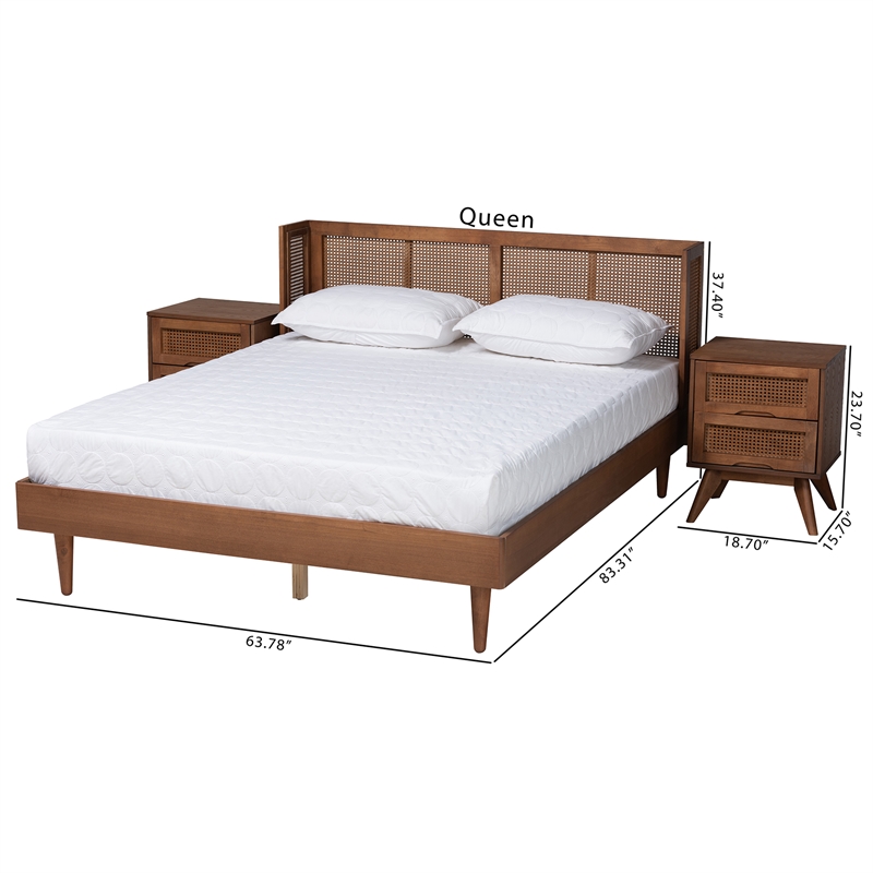 Baxton Studio Rina Ash Walnut Wood 3-Piece Queen Size Bedroom Set with Rattan