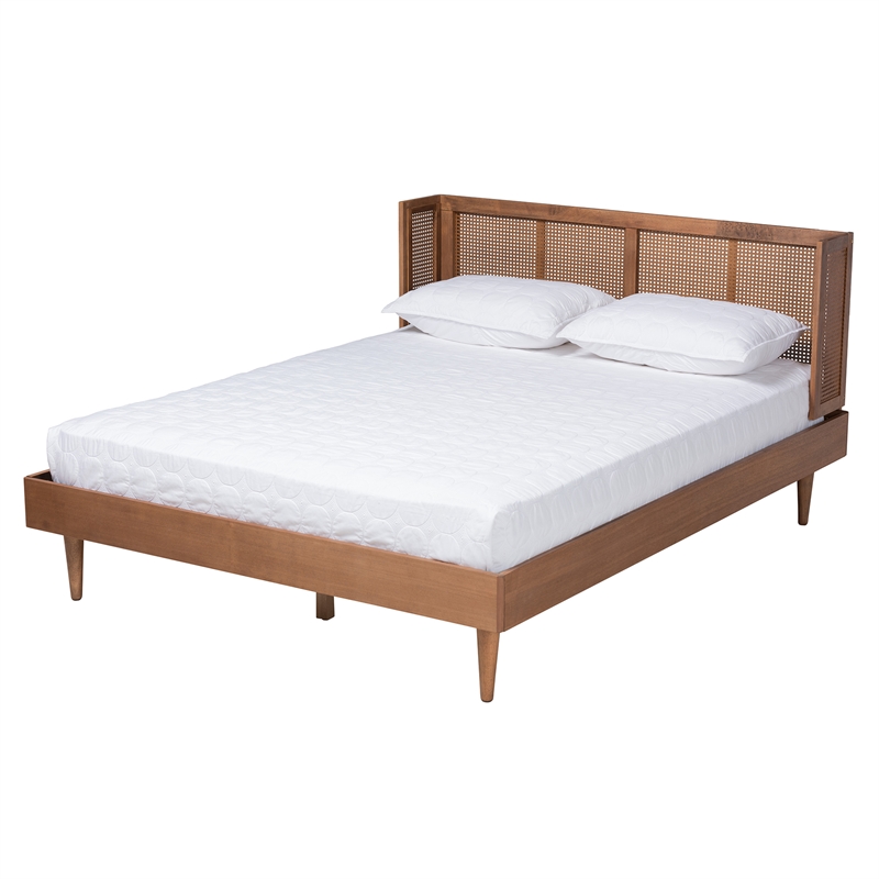 Baxton Studio Rina Ash Walnut Wood 3-Piece Queen Size Bedroom Set with Rattan