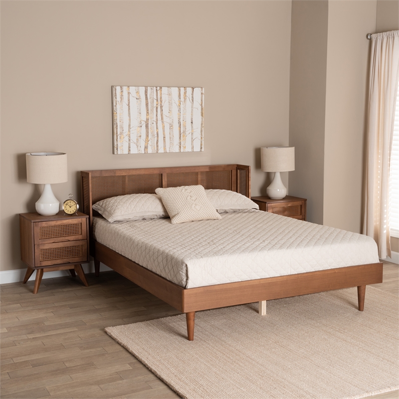 Baxton Studio Rina Ash Walnut Wood 3-Piece Queen Size Bedroom Set with Rattan