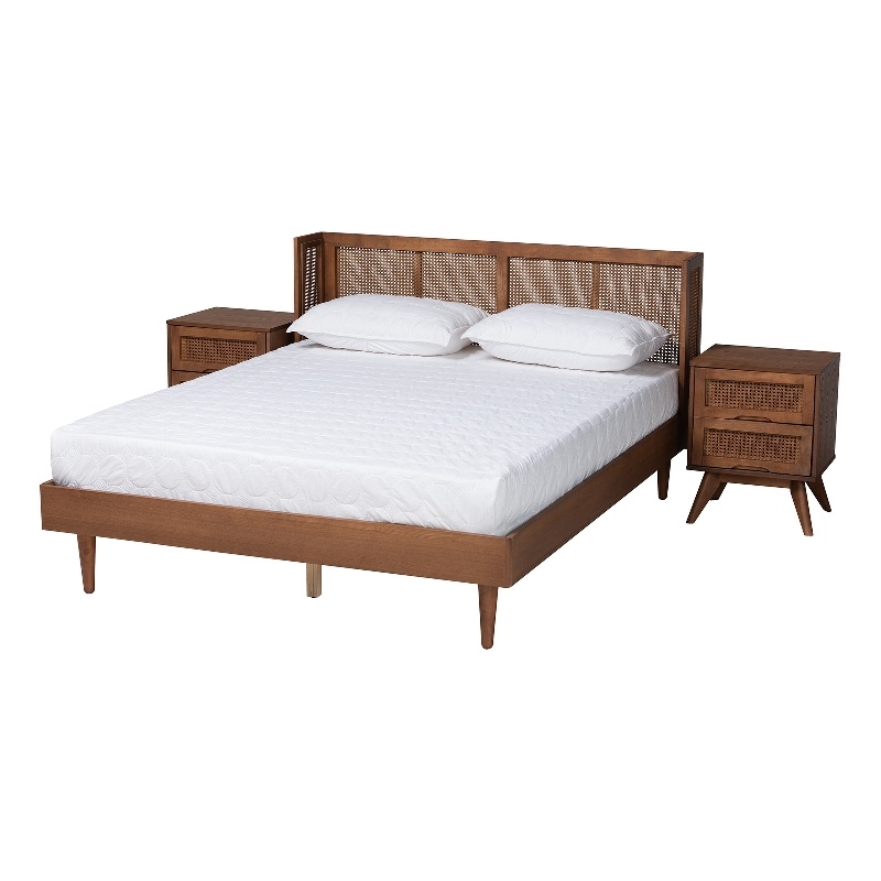 Baxton Studio Rina Ash Walnut Wood 3-Piece Queen Size Bedroom Set with Rattan