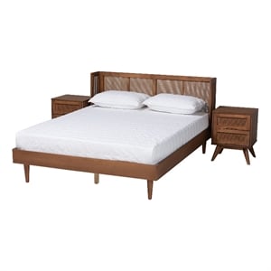 Baxton Studio Rina Ash Walnut Wood 3-Piece Queen Size Bedroom Set with Rattan