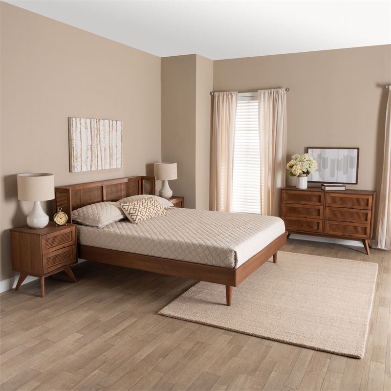 Baxton Studio Rina Ash Walnut Wood 4-Piece King Size Bedroom Set with Rattan
