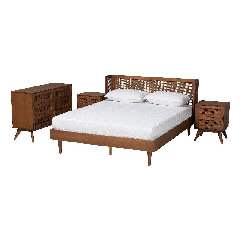 Baxton Studio Rina Ash Walnut Wood 4-Piece King Size Bedroom Set with Rattan