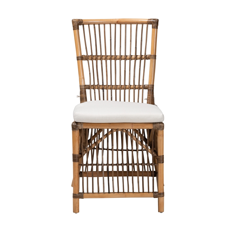 Baxton Studio Kim White Fabric and Natural Brown Rattan Dining Chair