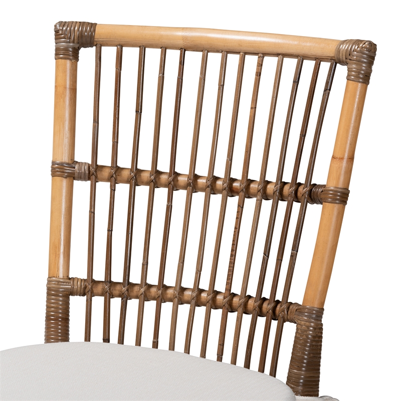 Baxton Studio Kim White Fabric and Natural Brown Rattan Dining Chair
